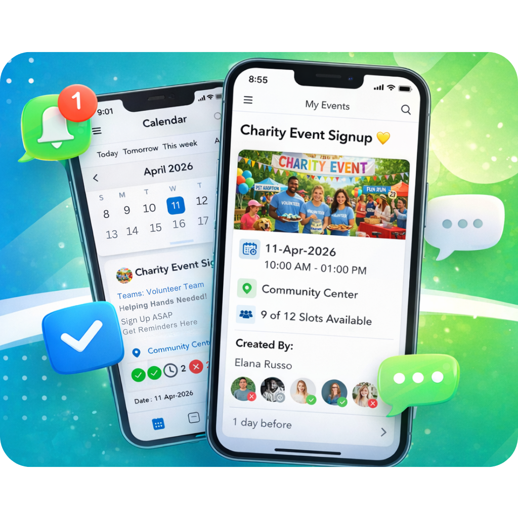 Group planning app showing events, RSVPs, signups, and shared calendars on mobile