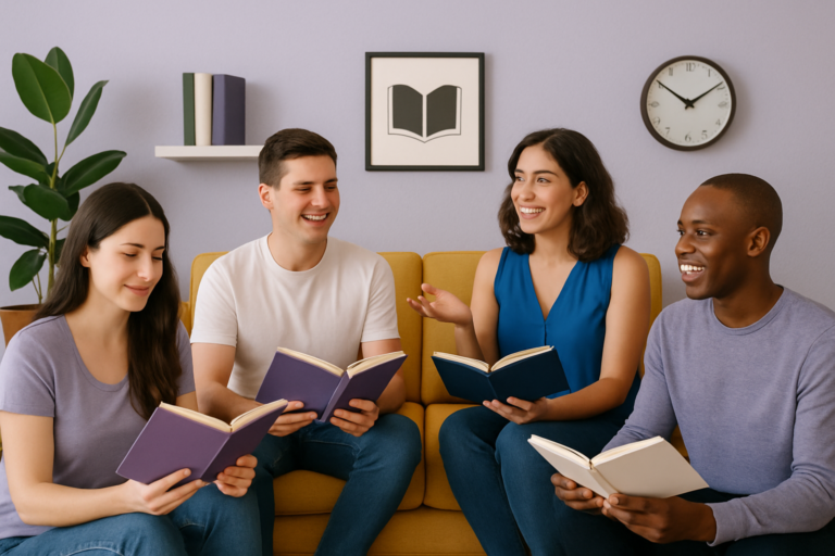 Small group sitting together with books and notebooks during a book club discussion.