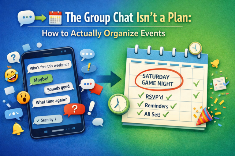 People looking at their phones while chatting together, showing how group chats can create confusion when planning events.