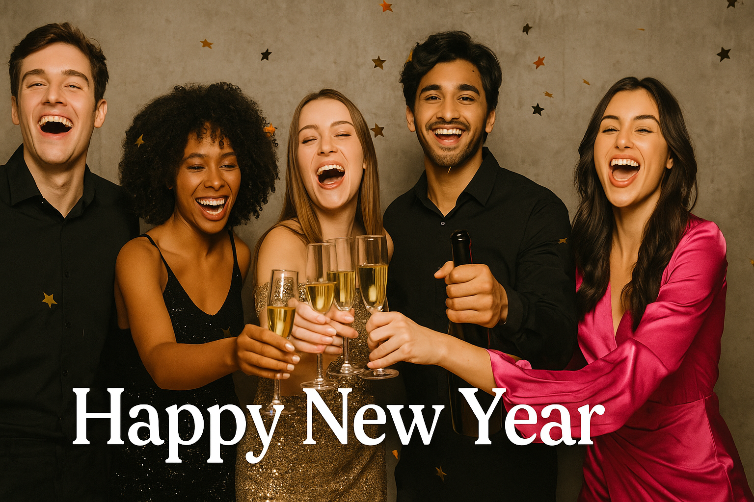 Group of friends celebrating New Year’s Eve with decorations, drinks, and party atmosphere.