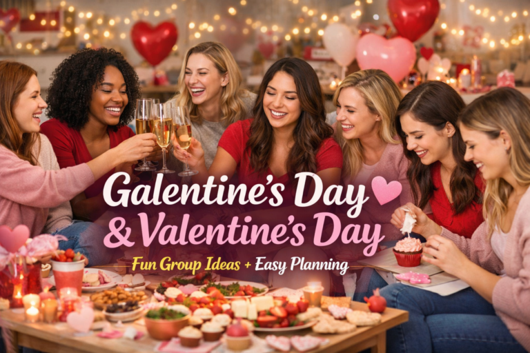 Group of women celebrating Galentine’s Day together with food and drinks.