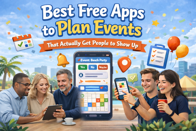 Smartphones displaying event planning and RSVP screens used to organize group plans.