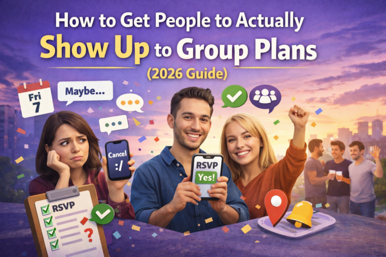 Group of friends talking together and making plans, representing challenges with getting people to show up.