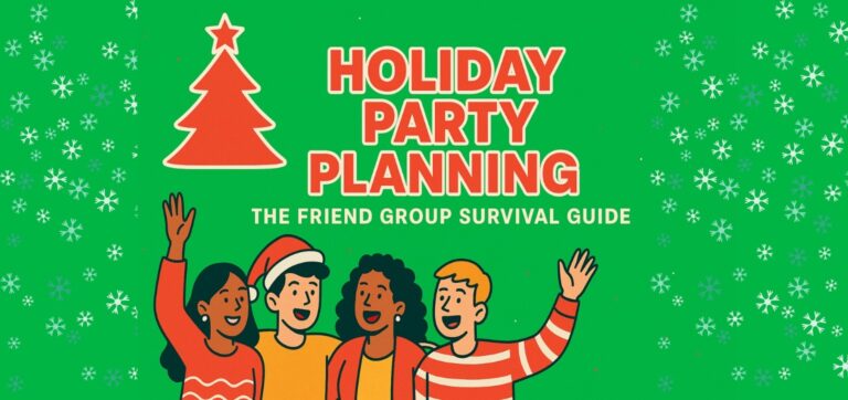 Friends gathered at a holiday party with seasonal decorations and festive atmosphere.