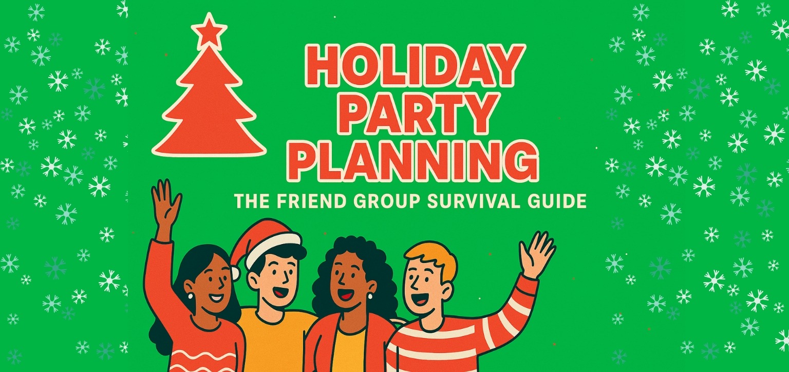 Friends gathered at a holiday party with seasonal decorations and festive atmosphere.